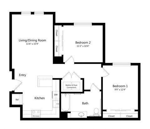 Floor plan for 2 beds, 1 bath, 892 sqft